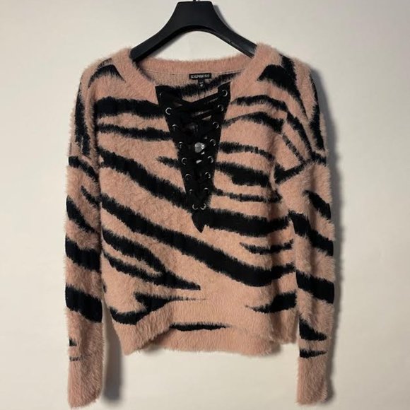 NWT $70 EXPRESS Women XS Zebra Print Hi Lo Lace Up Sweater Top Fuzzy Oversized - Picture 2 of 5